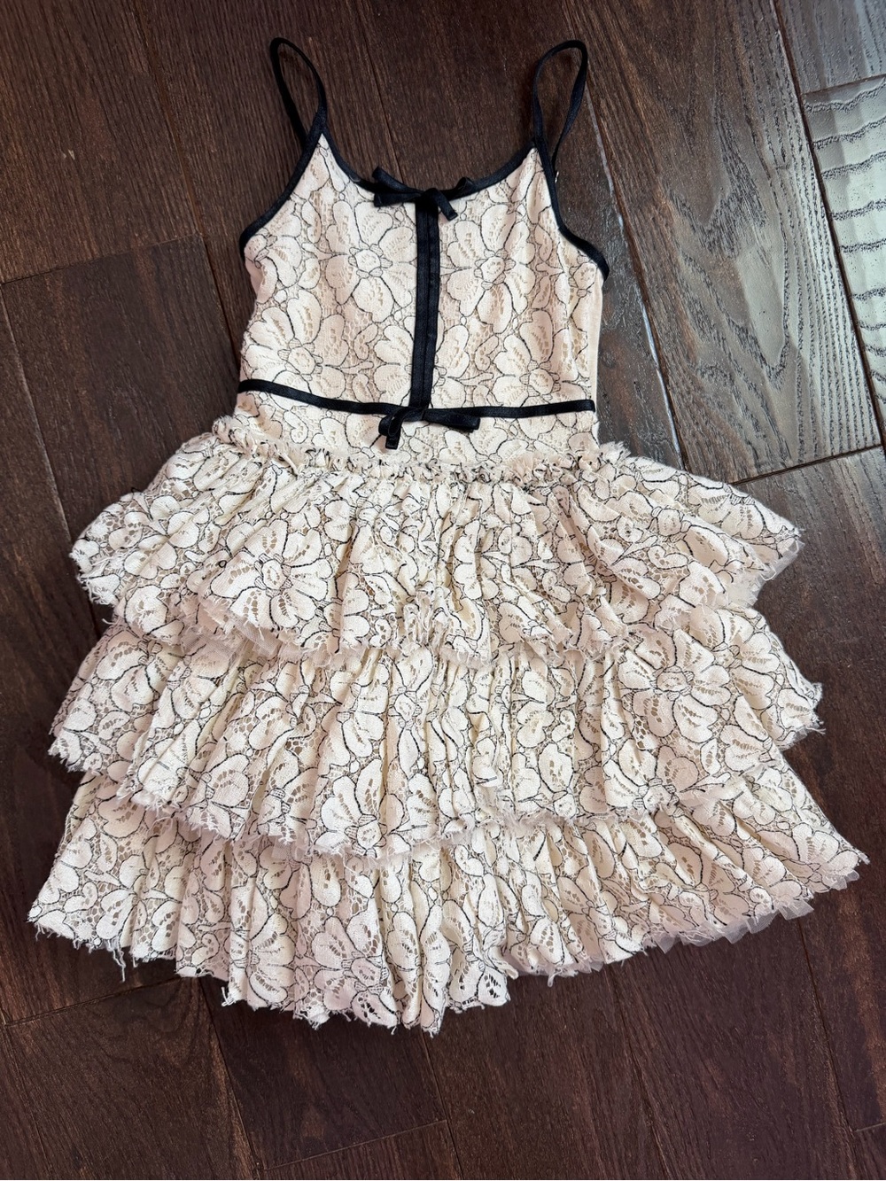 Ooh! La, La! Couture Cream Lace Ruffled Formal Dress with Black Trim